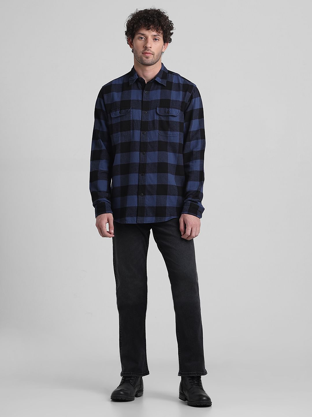 Dark Blue Check Print Cotton Shirt