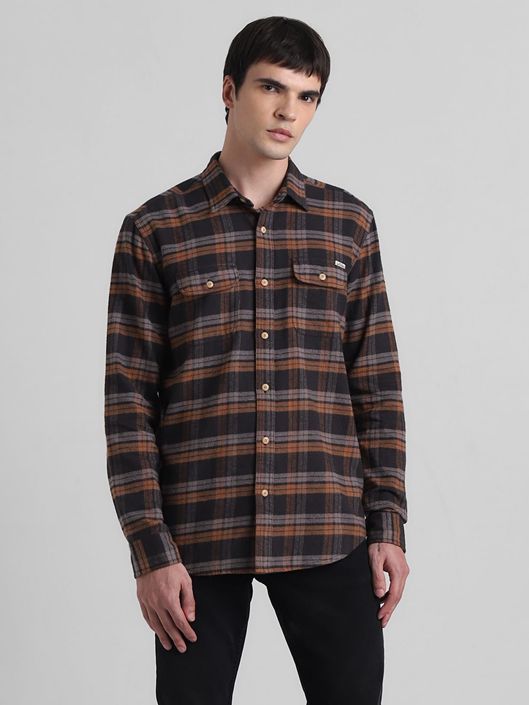 Brown Check Print Full Sleeves Shirt