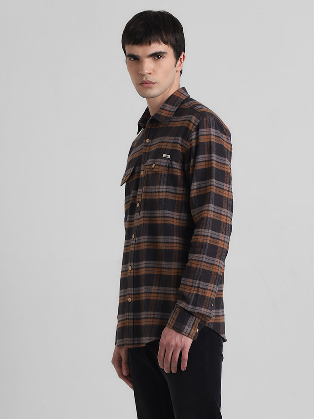 Brown Check Print Full Sleeves Shirt