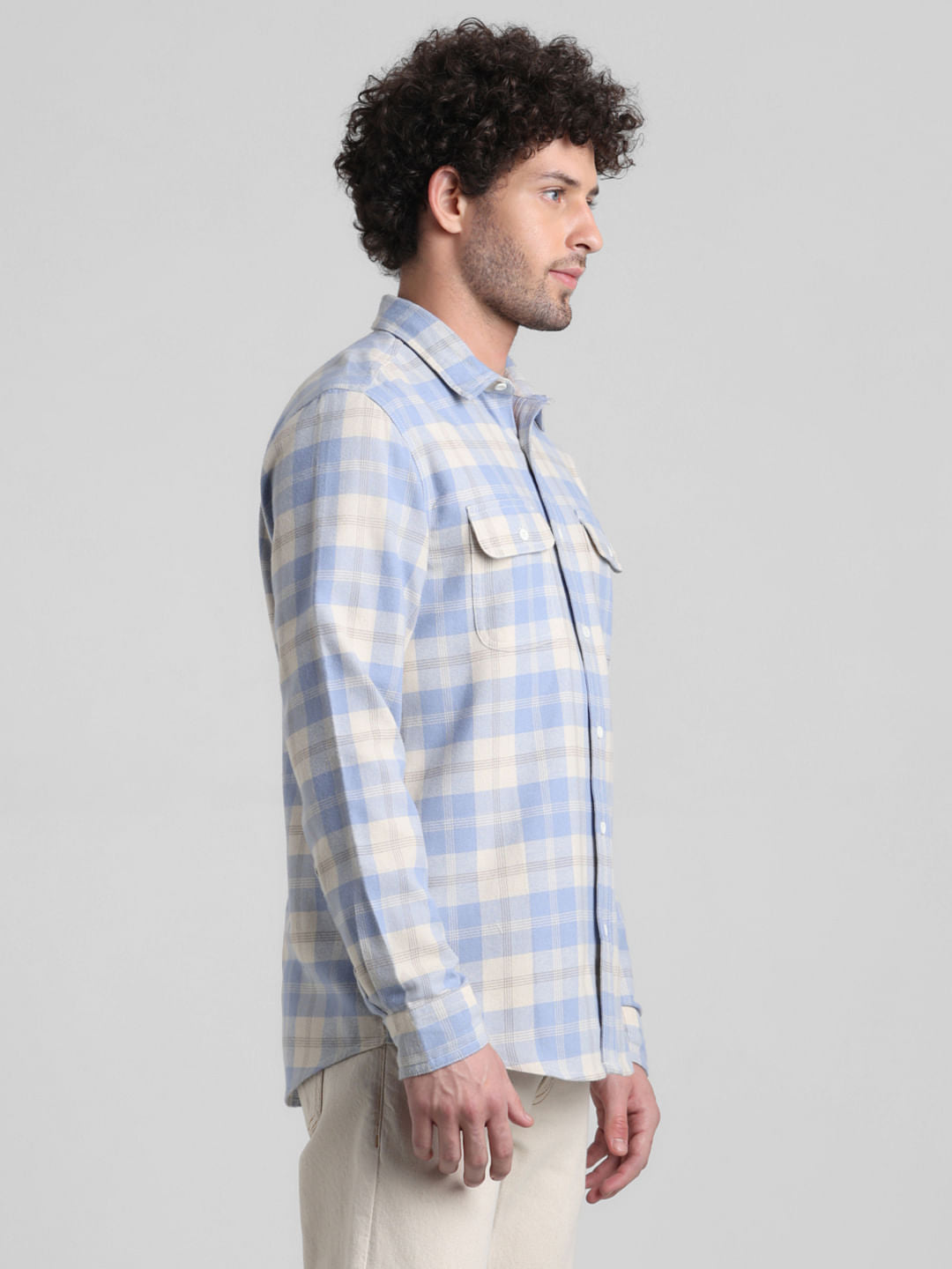 Light Blue Check Print Cotton Shirt