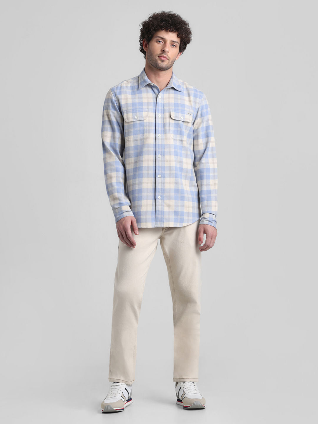 Light Blue Check Print Cotton Shirt