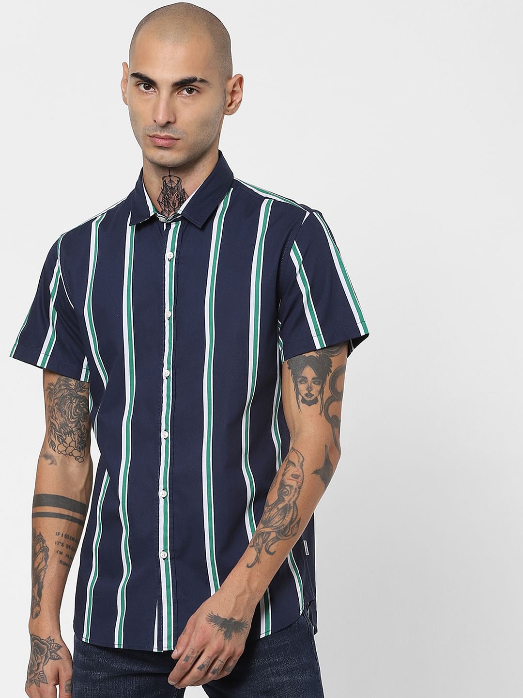 Green Striped Half Sleeves Shirt