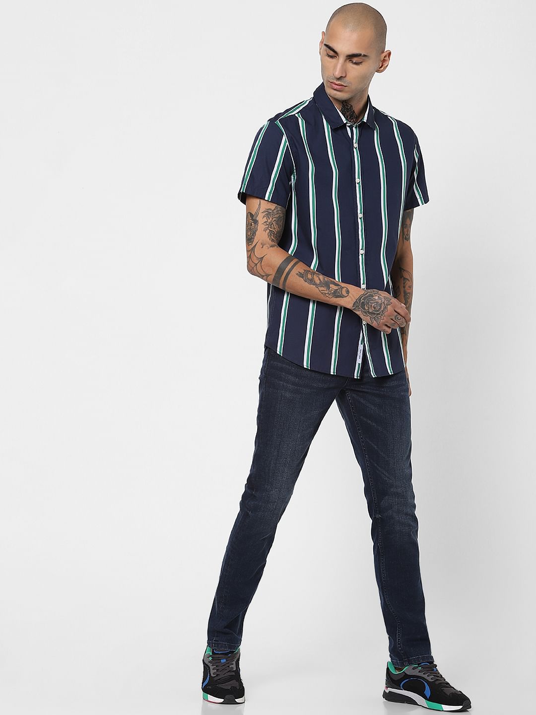 Green Striped Half Sleeves Shirt