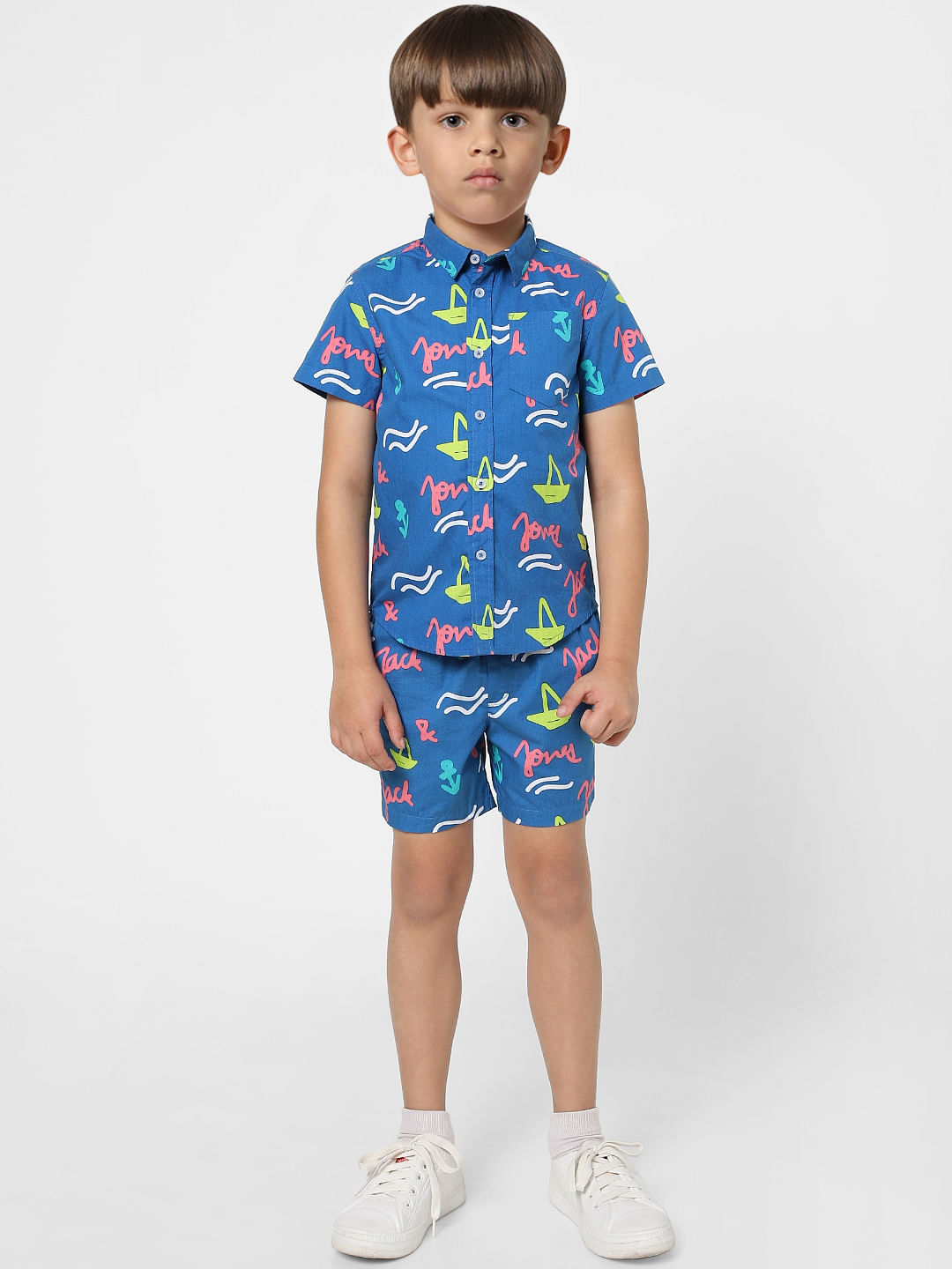 Boys Blue Printed Short Sleeves Co-ord Shirt