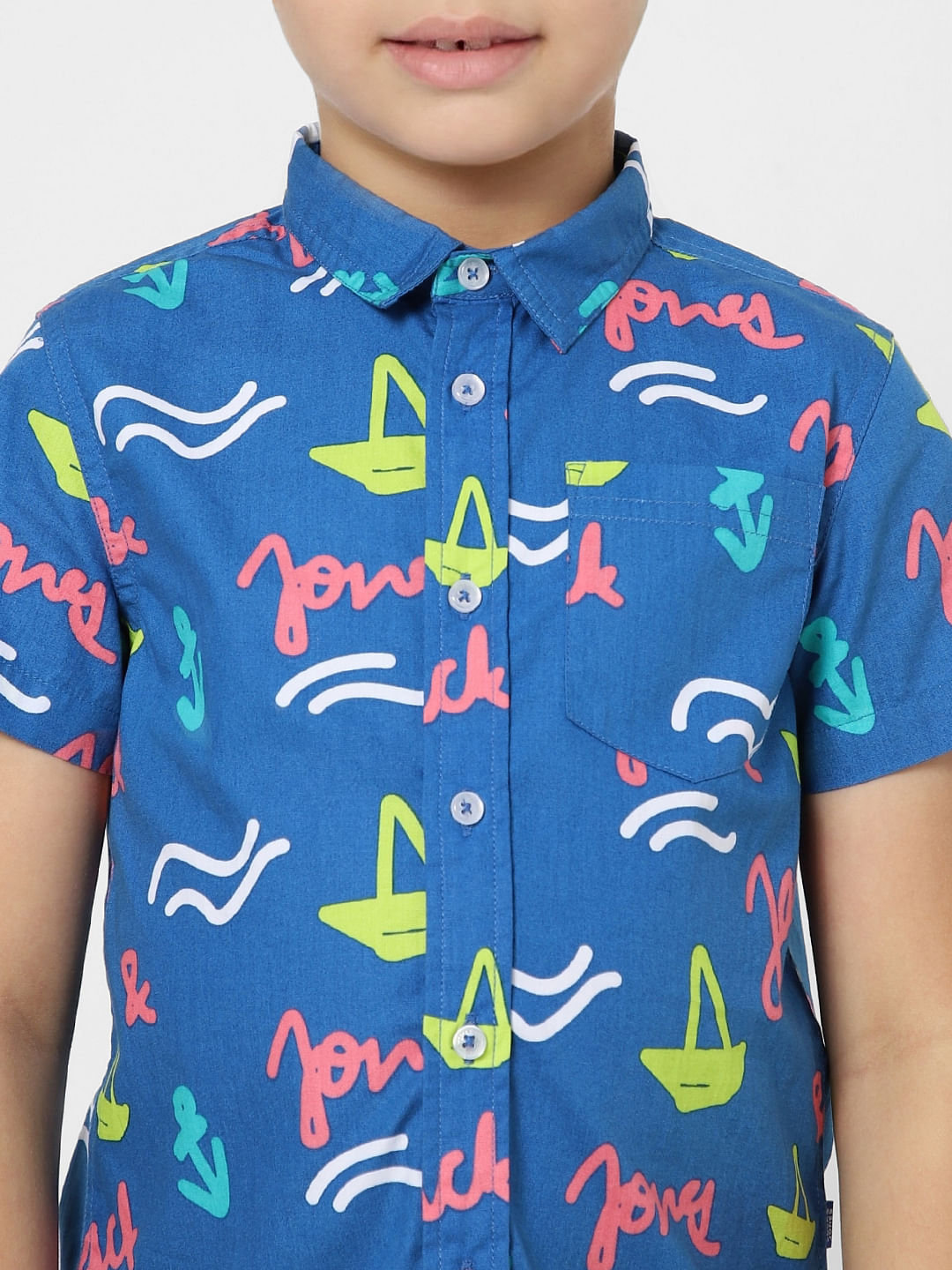 Boys Blue Printed Short Sleeves Co-ord Shirt