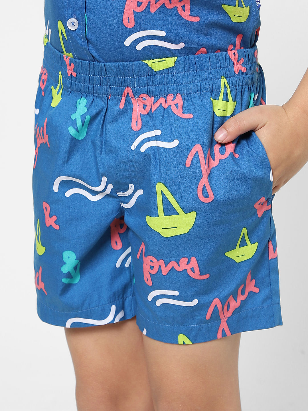 Boys Blue Printed Short Sleeves Co-ord Shirt