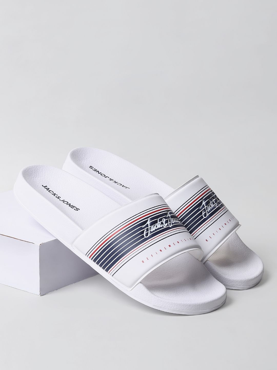 White Logo Print Sliders