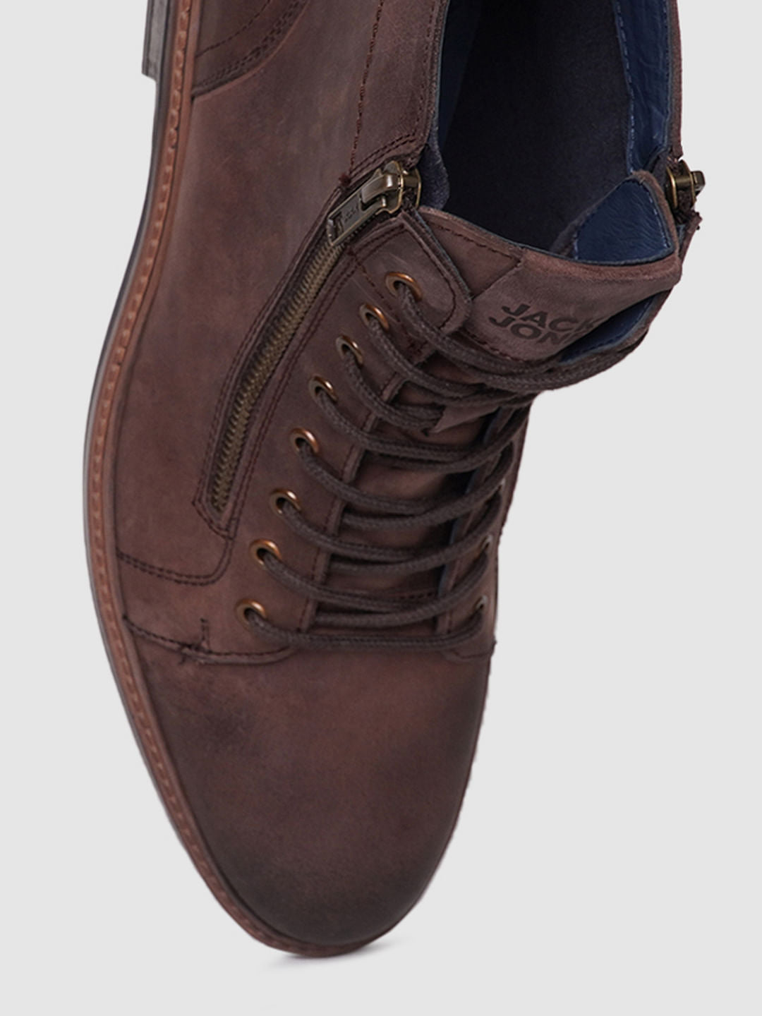 Dark Brown Zip Detail Leather Boots