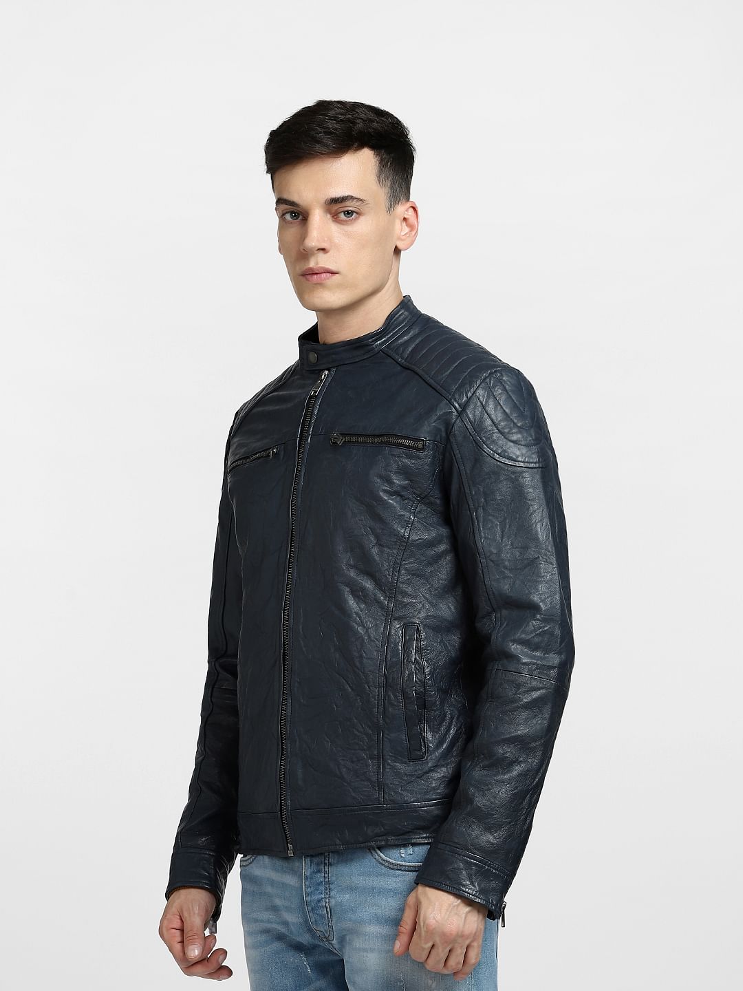 Navy Blue Leather Jacket