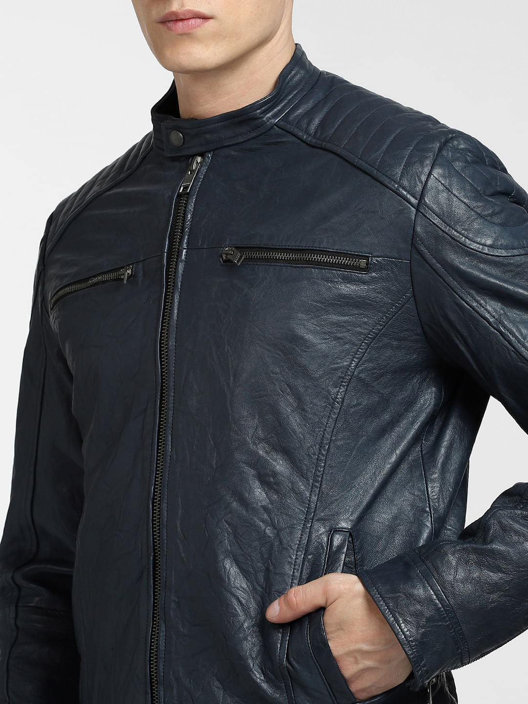 Navy Blue Leather Jacket