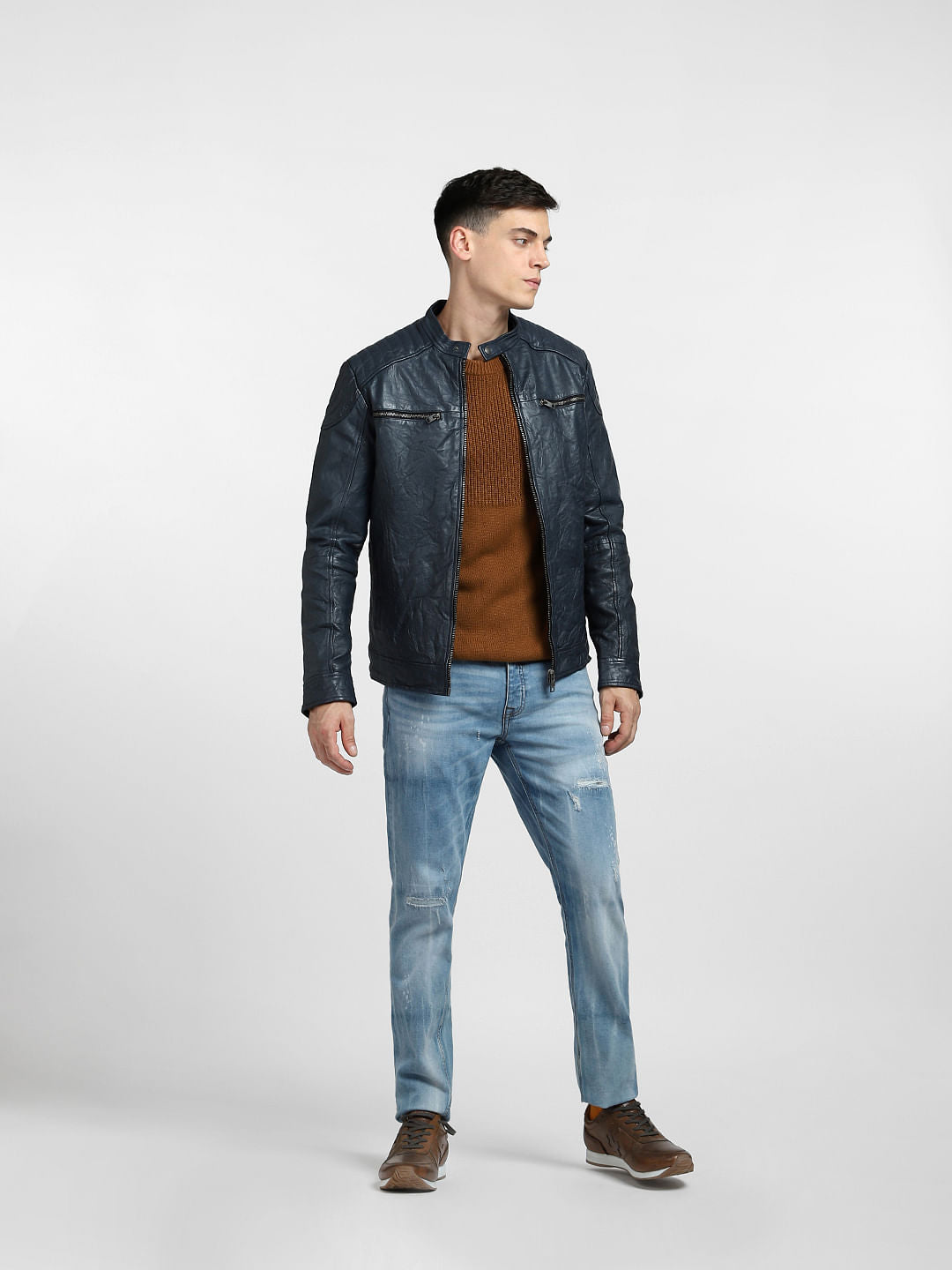 Navy Blue Leather Jacket
