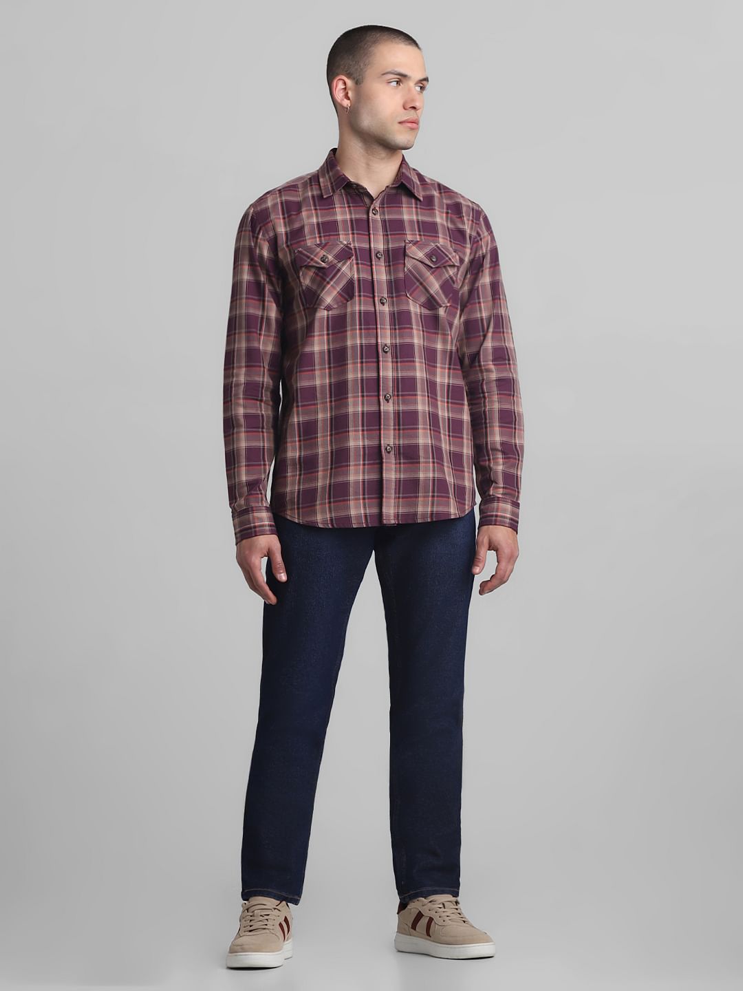 Dark Red Check Full Sleeves Shirt
