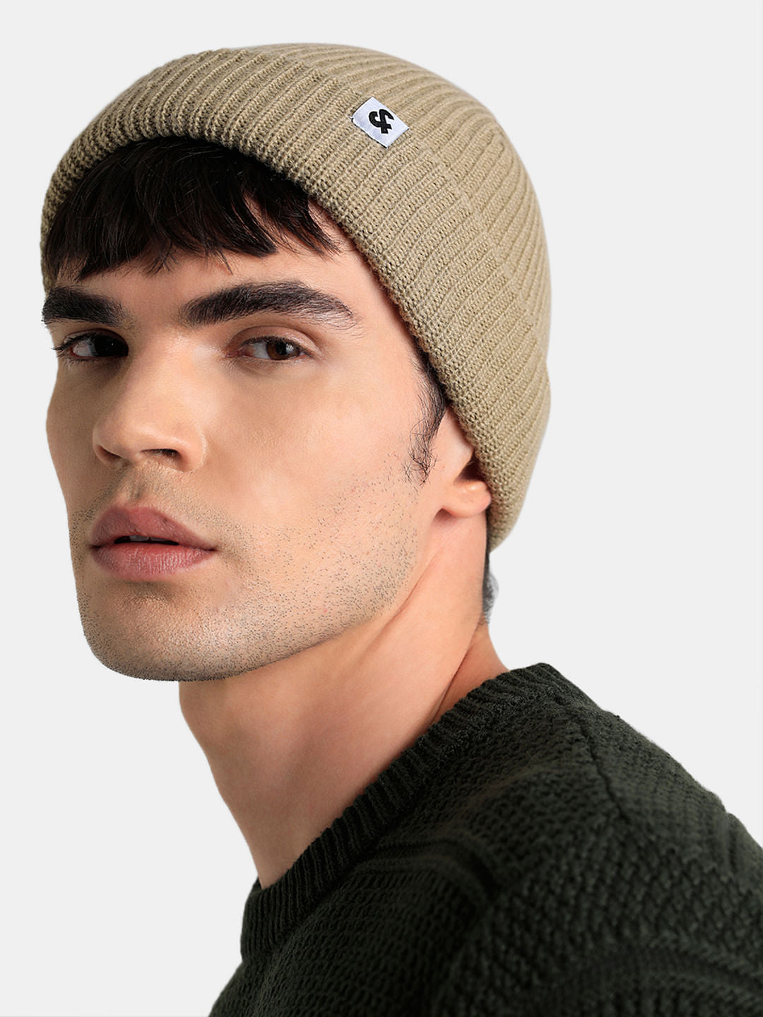 Beige Twisted Knit Short Beanie