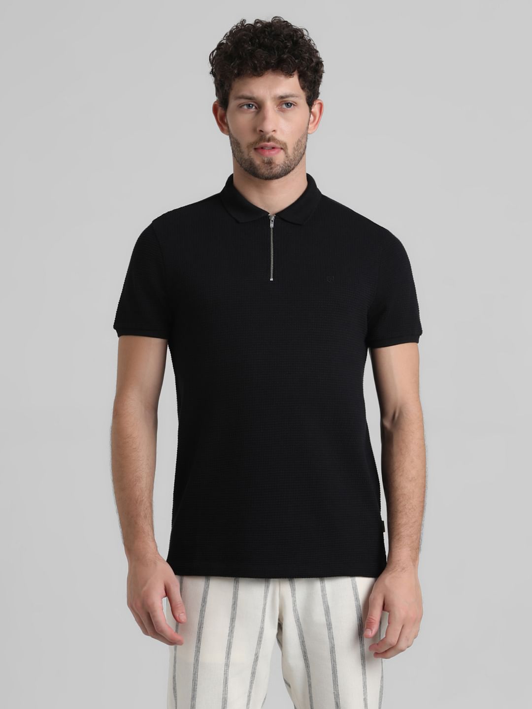 Black Jacquard Zip-Up Polo