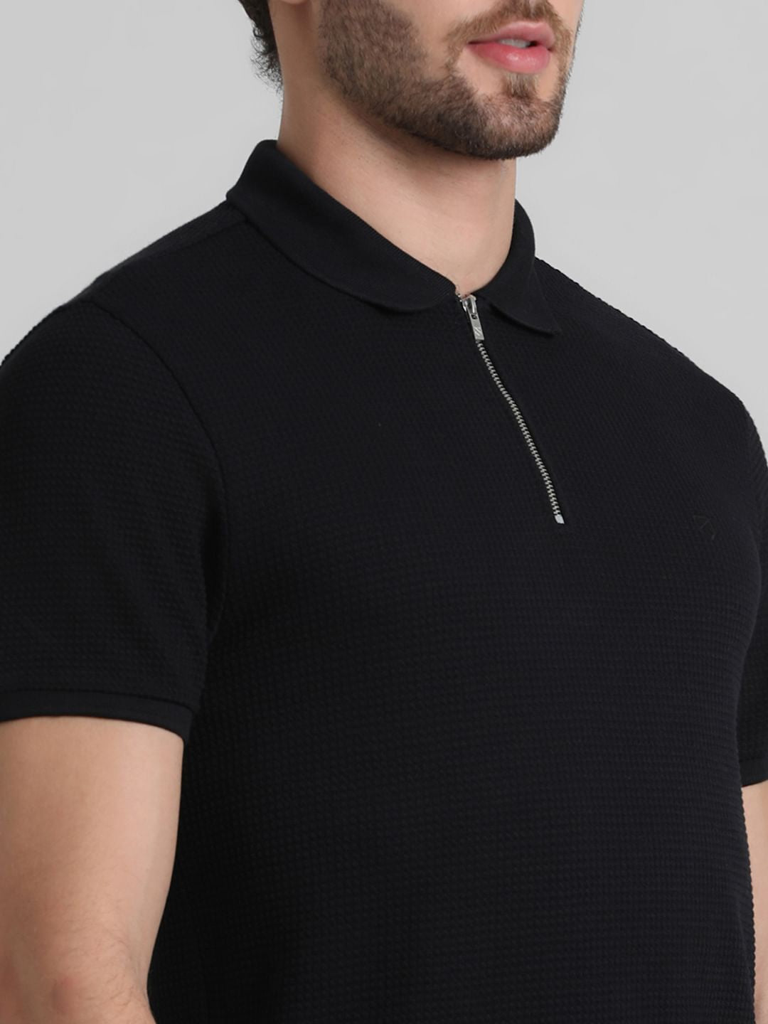 Black Jacquard Zip-Up Polo