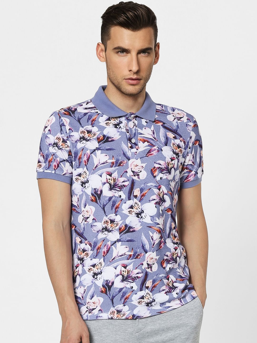 Blue Floral Polo Neck T-shirt