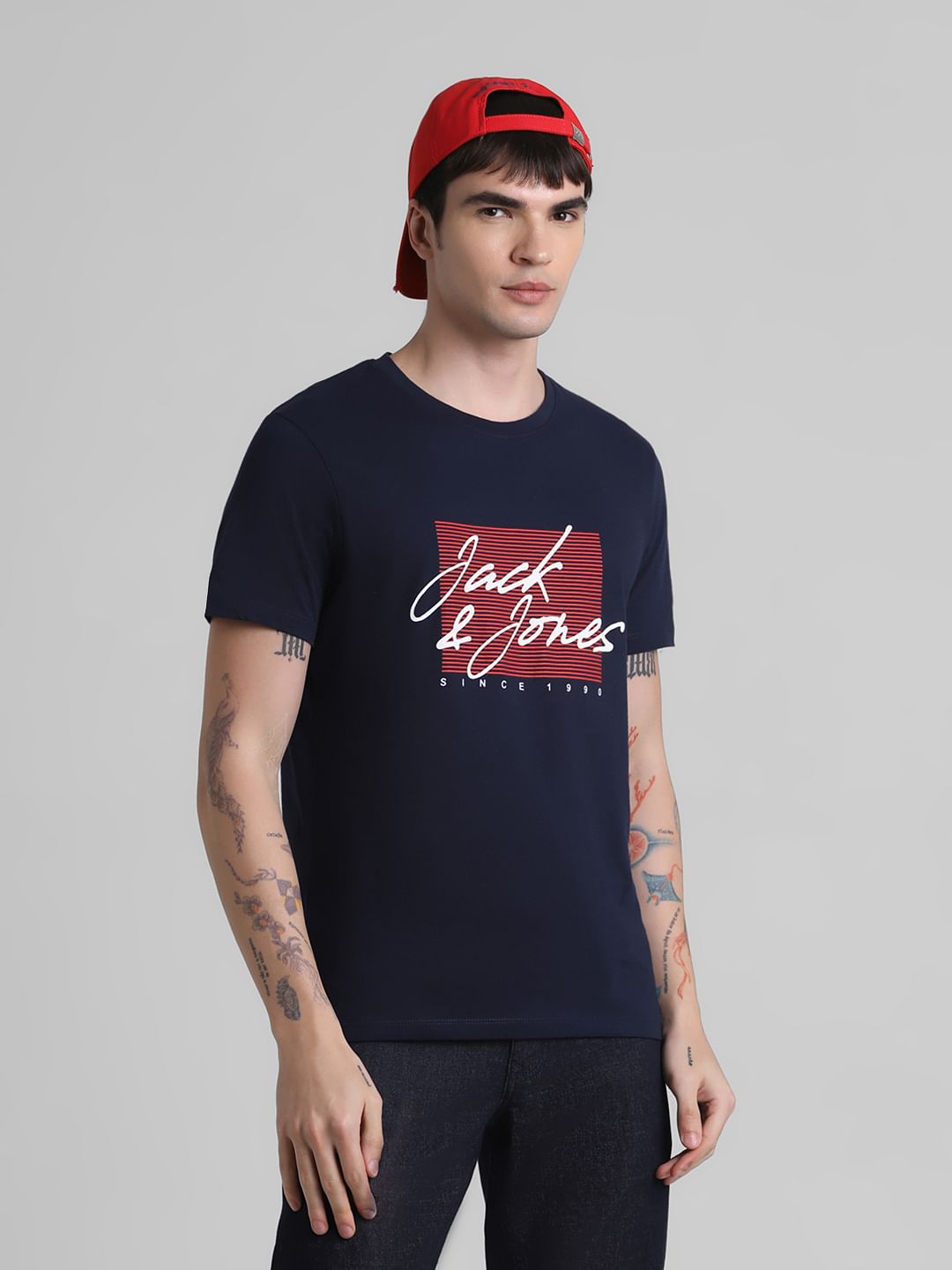 Navy Logo Print Crew Neck T-shirt