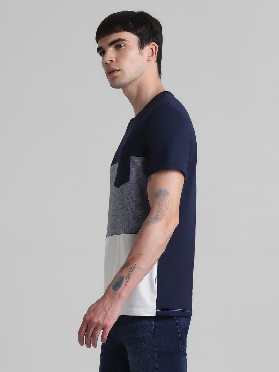 Navy Blue Colourblocked Cotton T-shirt