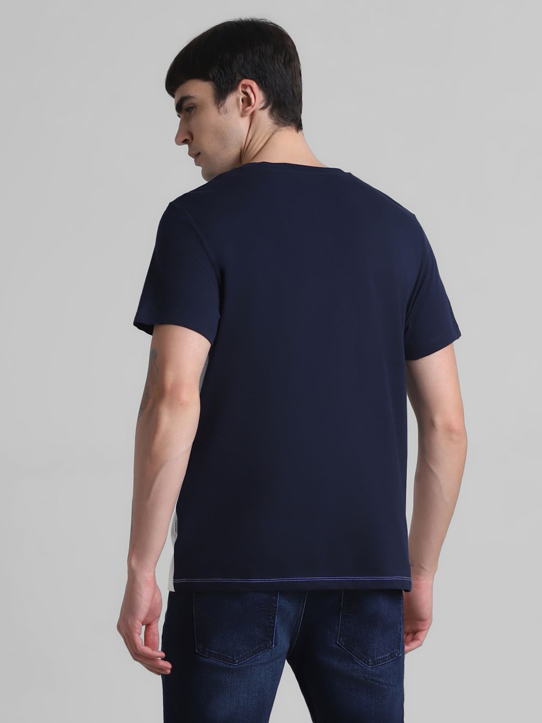 Navy Blue Colourblocked Cotton T-shirt