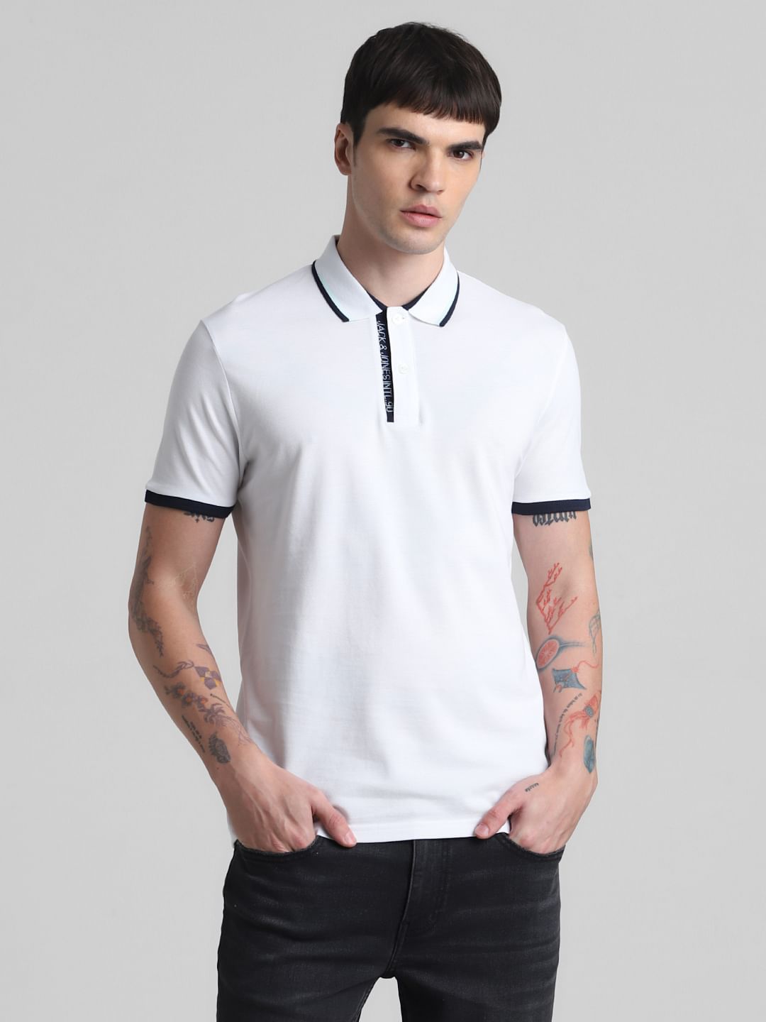 White Contrast Rib Polo T-shirt