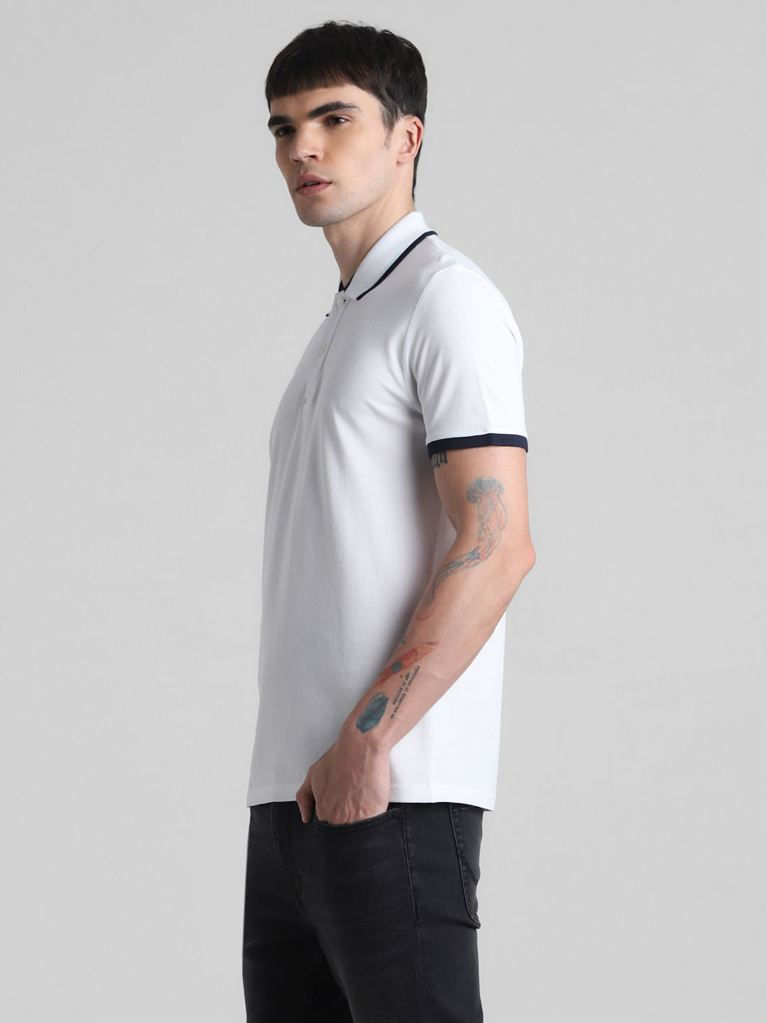 White Contrast Rib Polo T-shirt