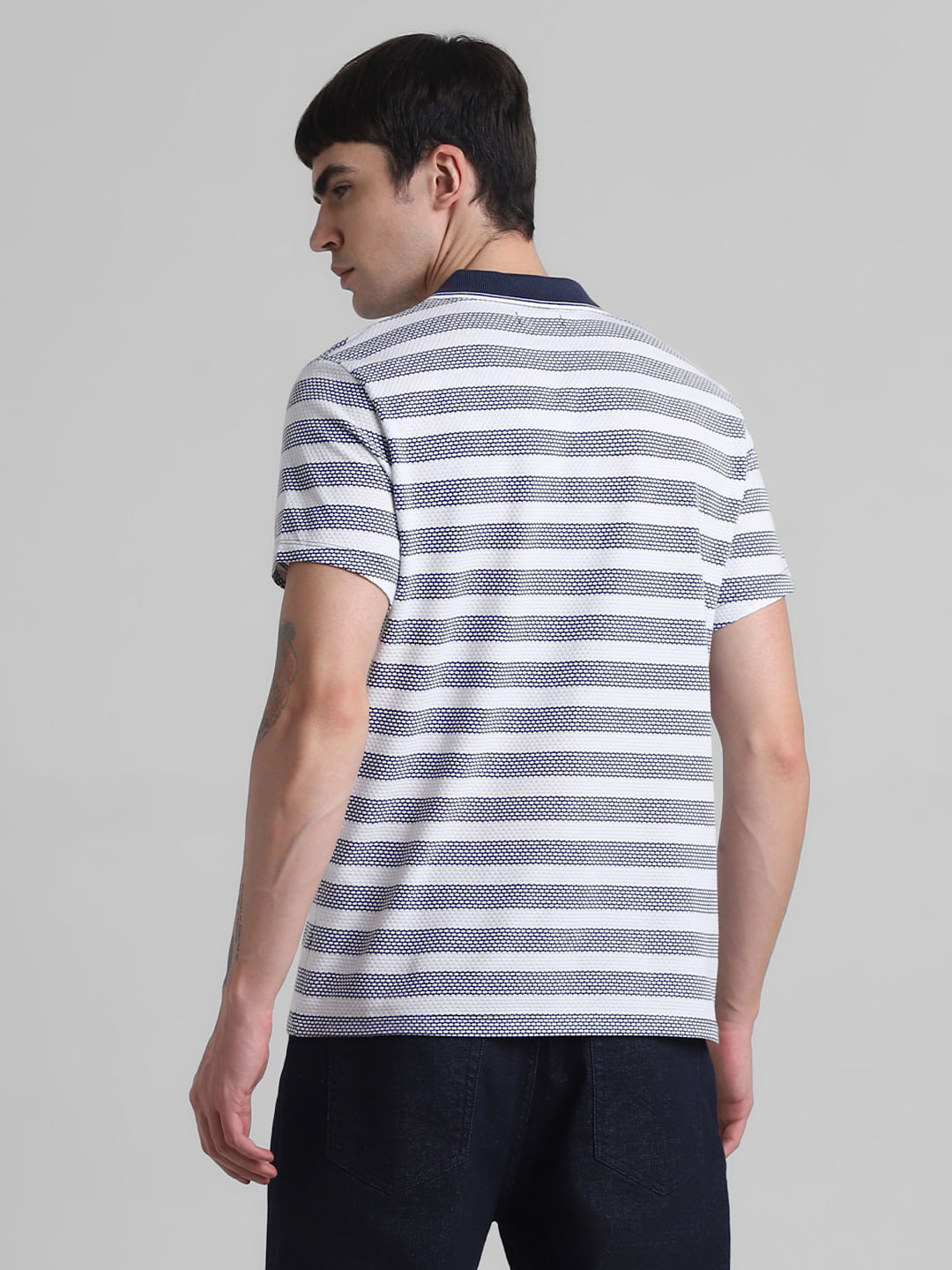 Navy Blue Striped Jacquard Polo T-shirt