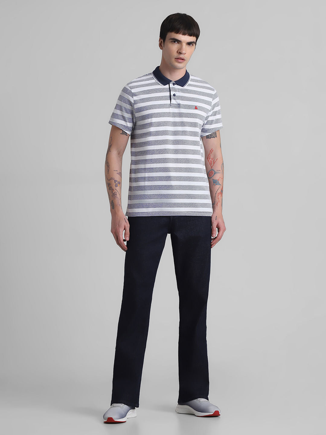 Navy Blue Striped Jacquard Polo T-shirt