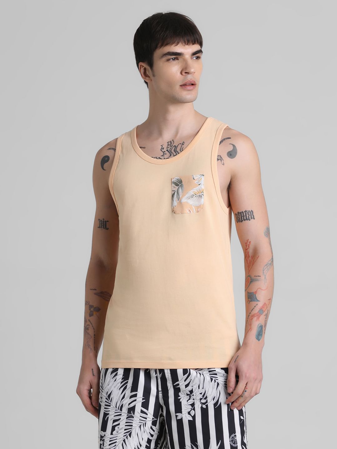 Peach Tropical Print Pocket Vest