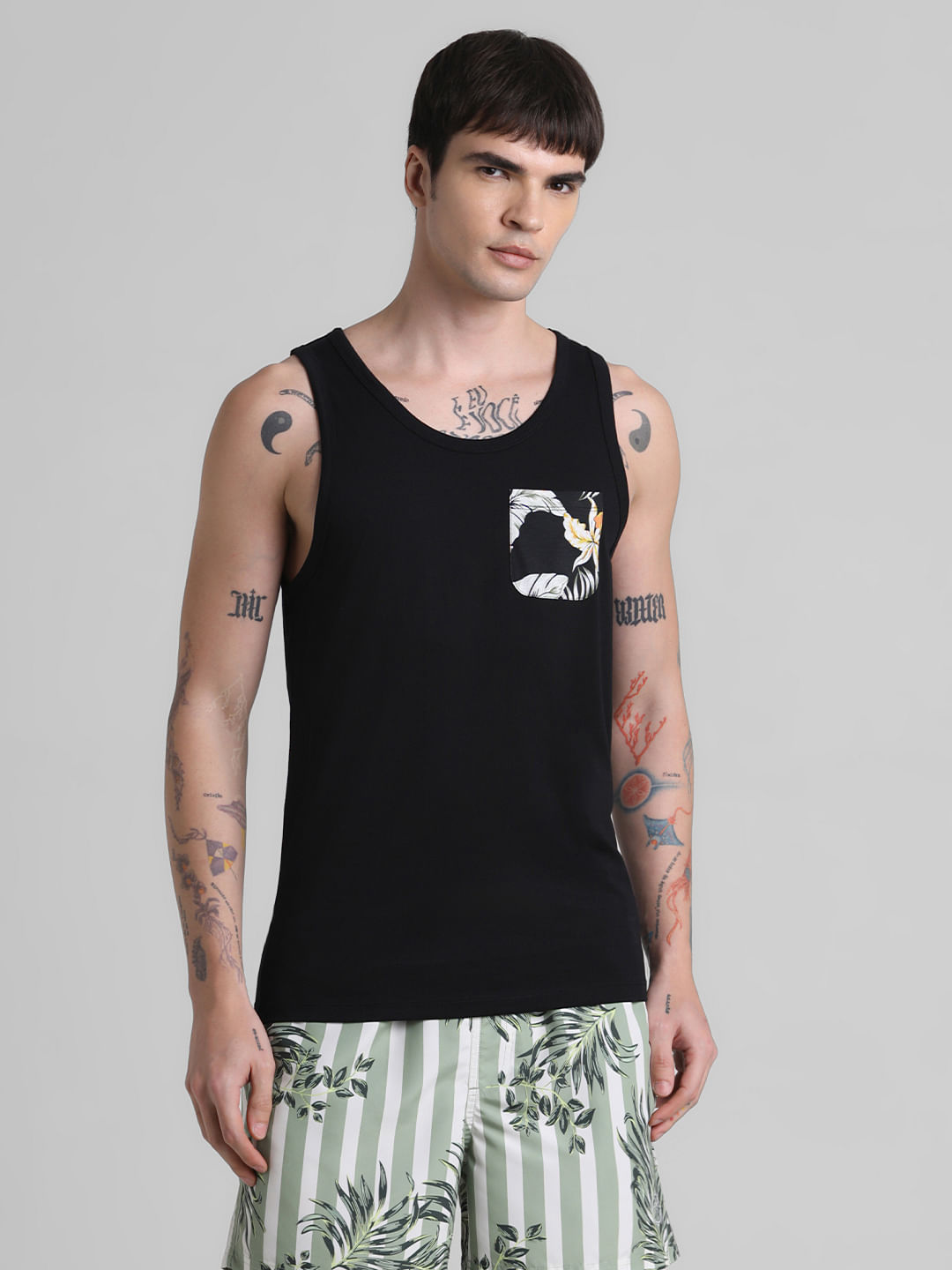 Black Tropical Print Pocket Vest