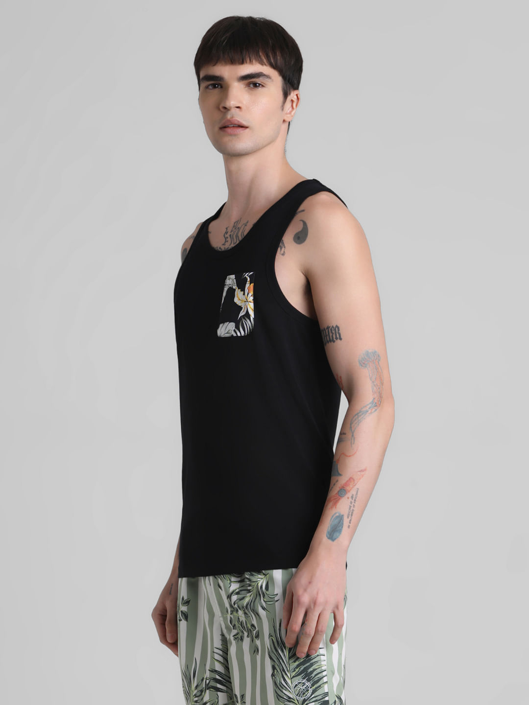 Black Tropical Print Pocket Vest