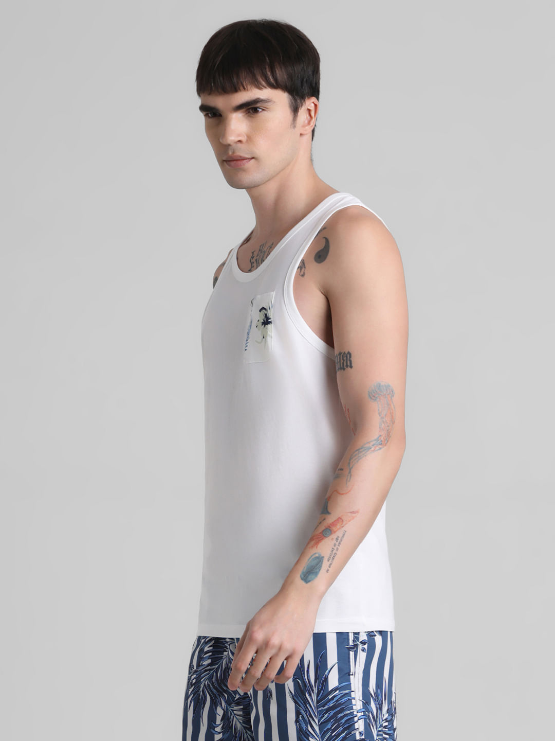 White Tropical Print Pocket Vest