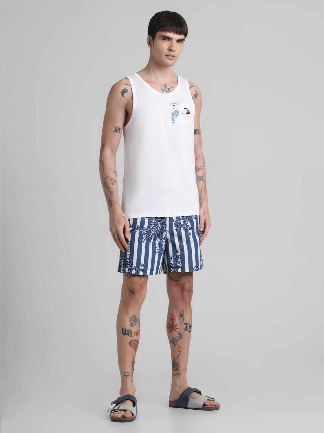 White Tropical Print Pocket Vest
