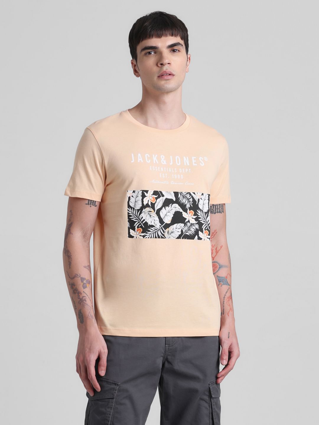 Peach Tropical Print Crew Neck T-shirt