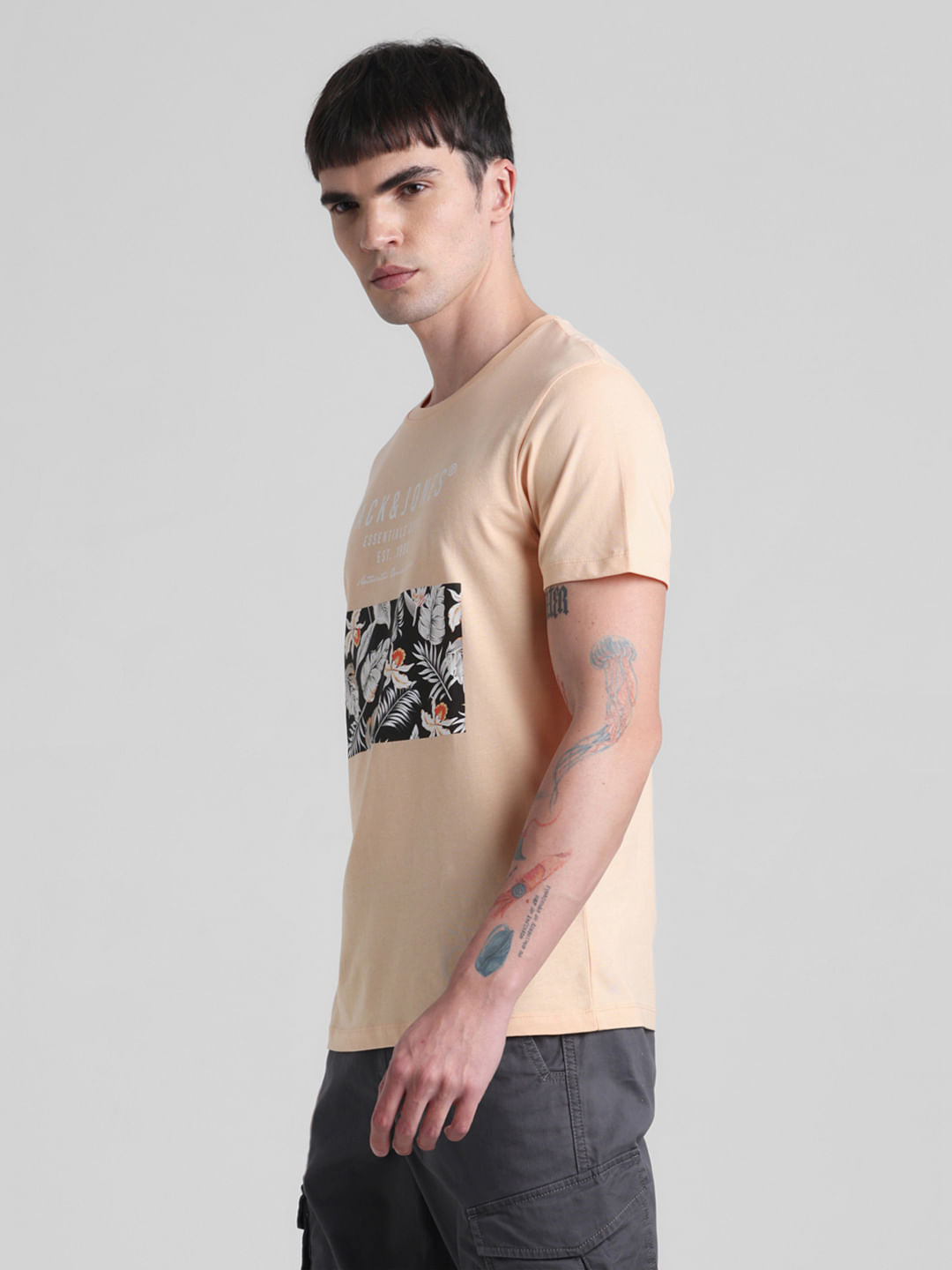 Peach Tropical Print Crew Neck T-shirt