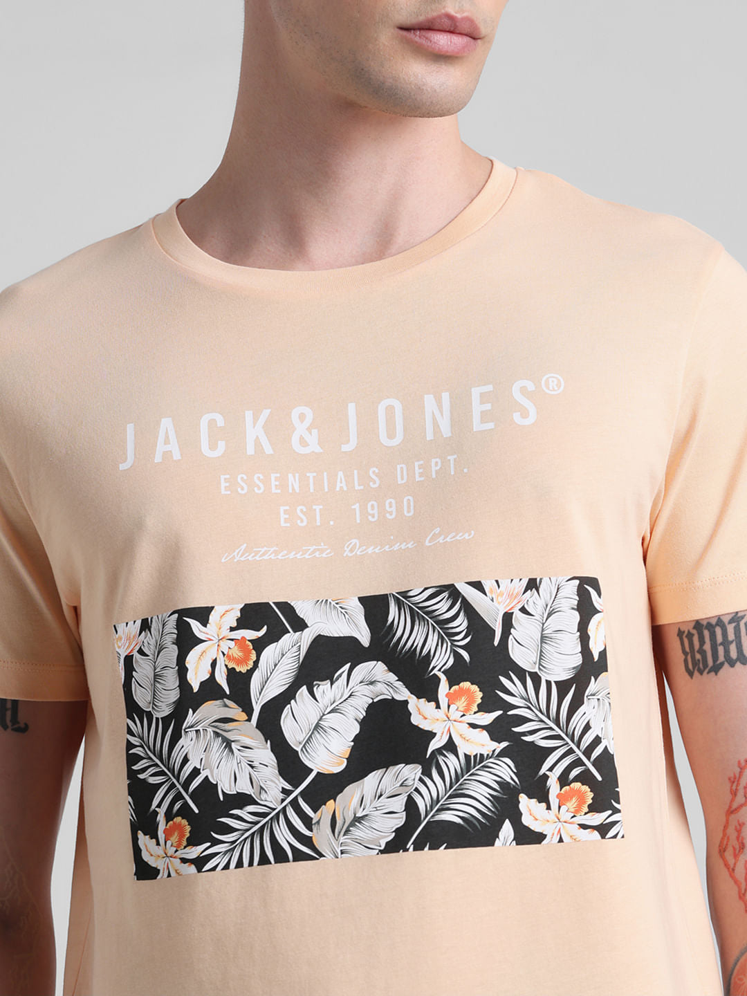 Peach Tropical Print Crew Neck T-shirt