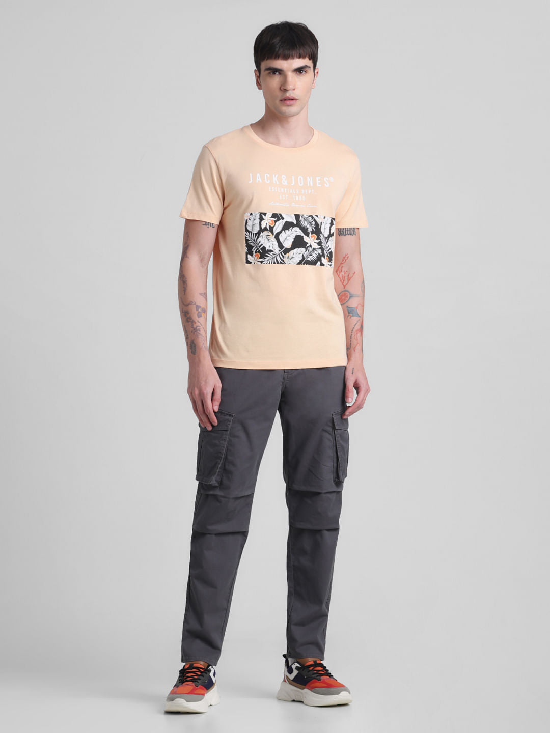 Peach Tropical Print Crew Neck T-shirt