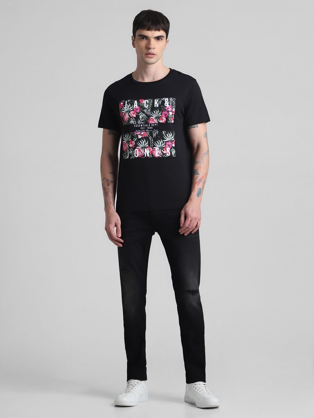 Black Tropical Print Crew Neck T-shirt