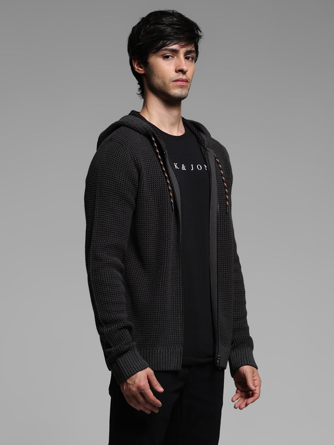 Black Textured Knit Zip-Up Hoodie