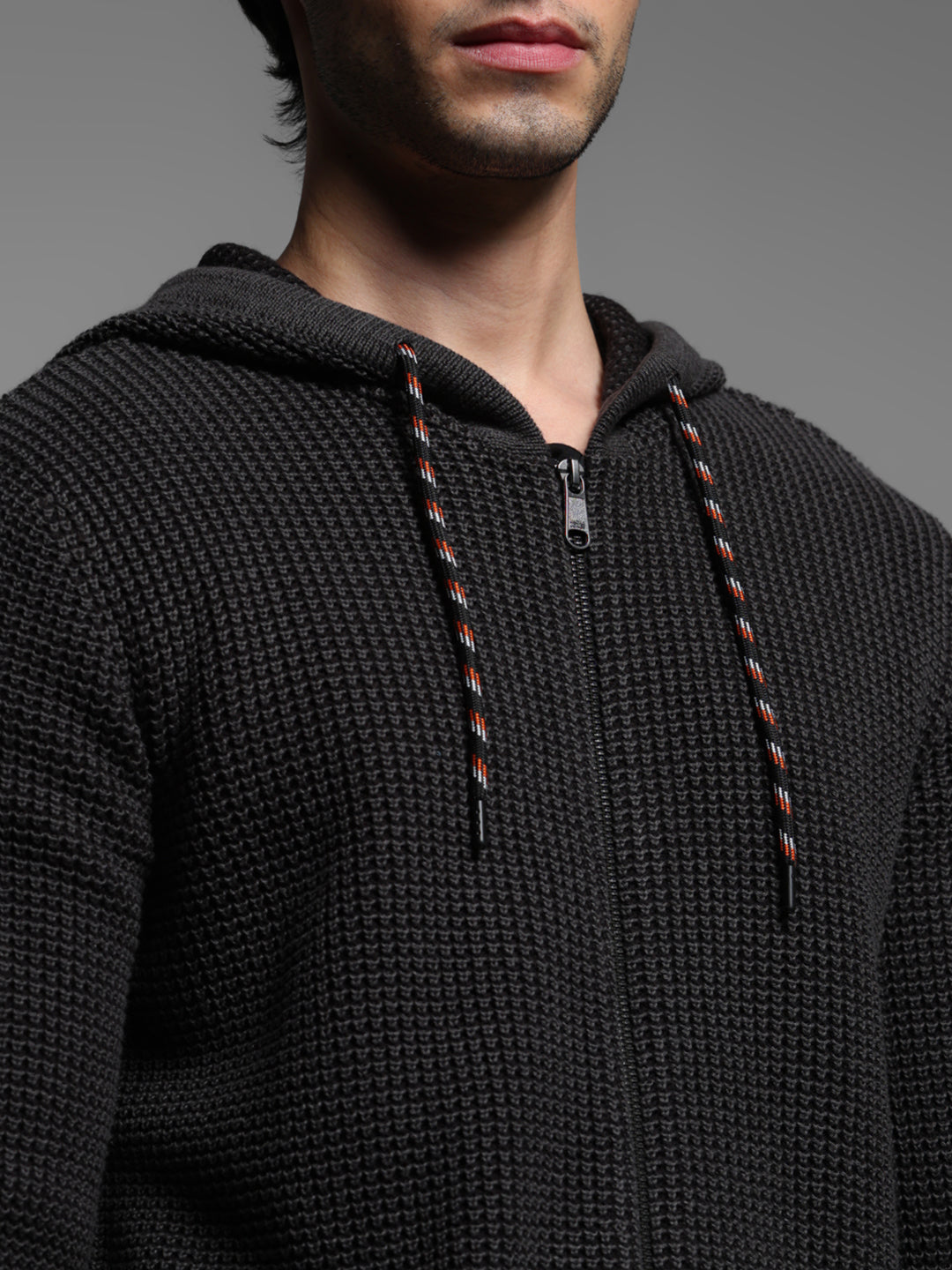 Black Textured Knit Zip-Up Hoodie