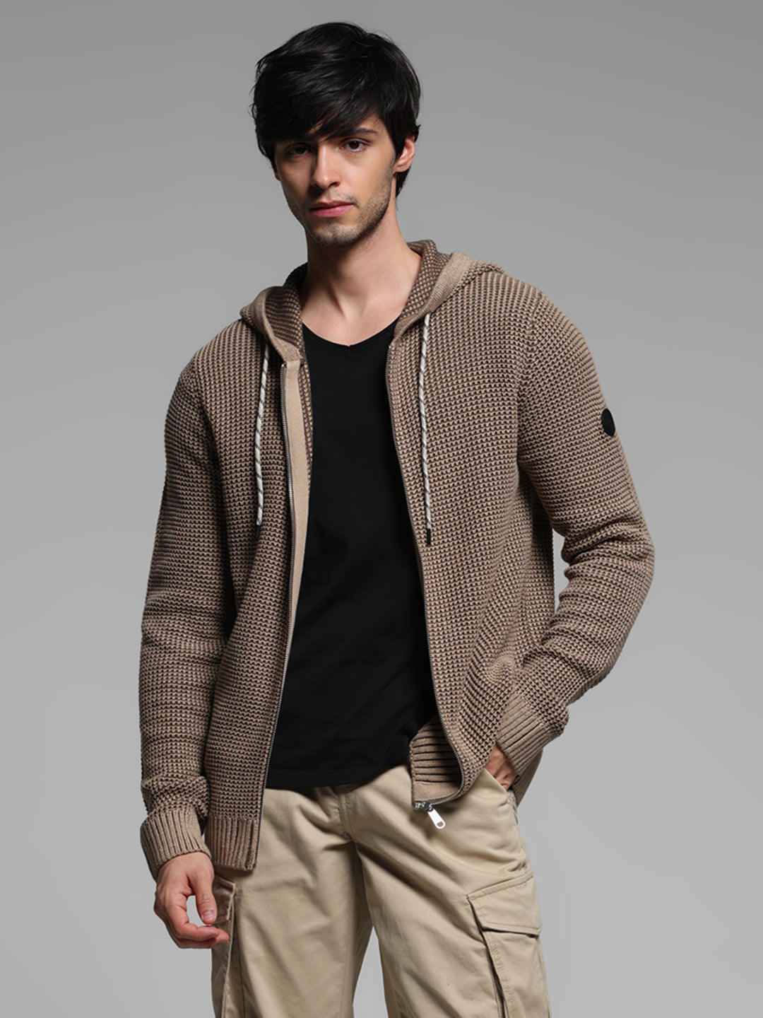 Beige Textured Knit Zip-Up Hoodie