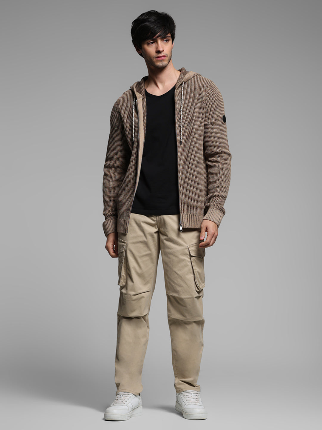 Beige Textured Knit Zip-Up Hoodie