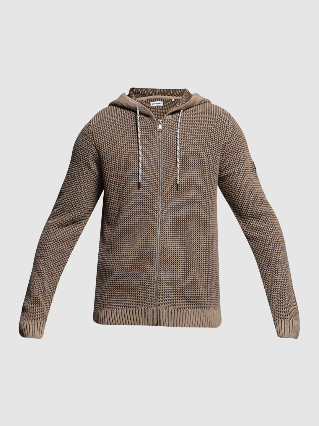 Beige Textured Knit Zip-Up Hoodie