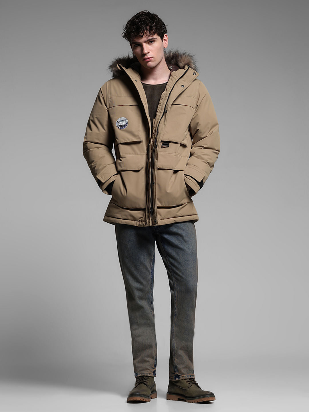 BEIGE FUR PARKA JACKET