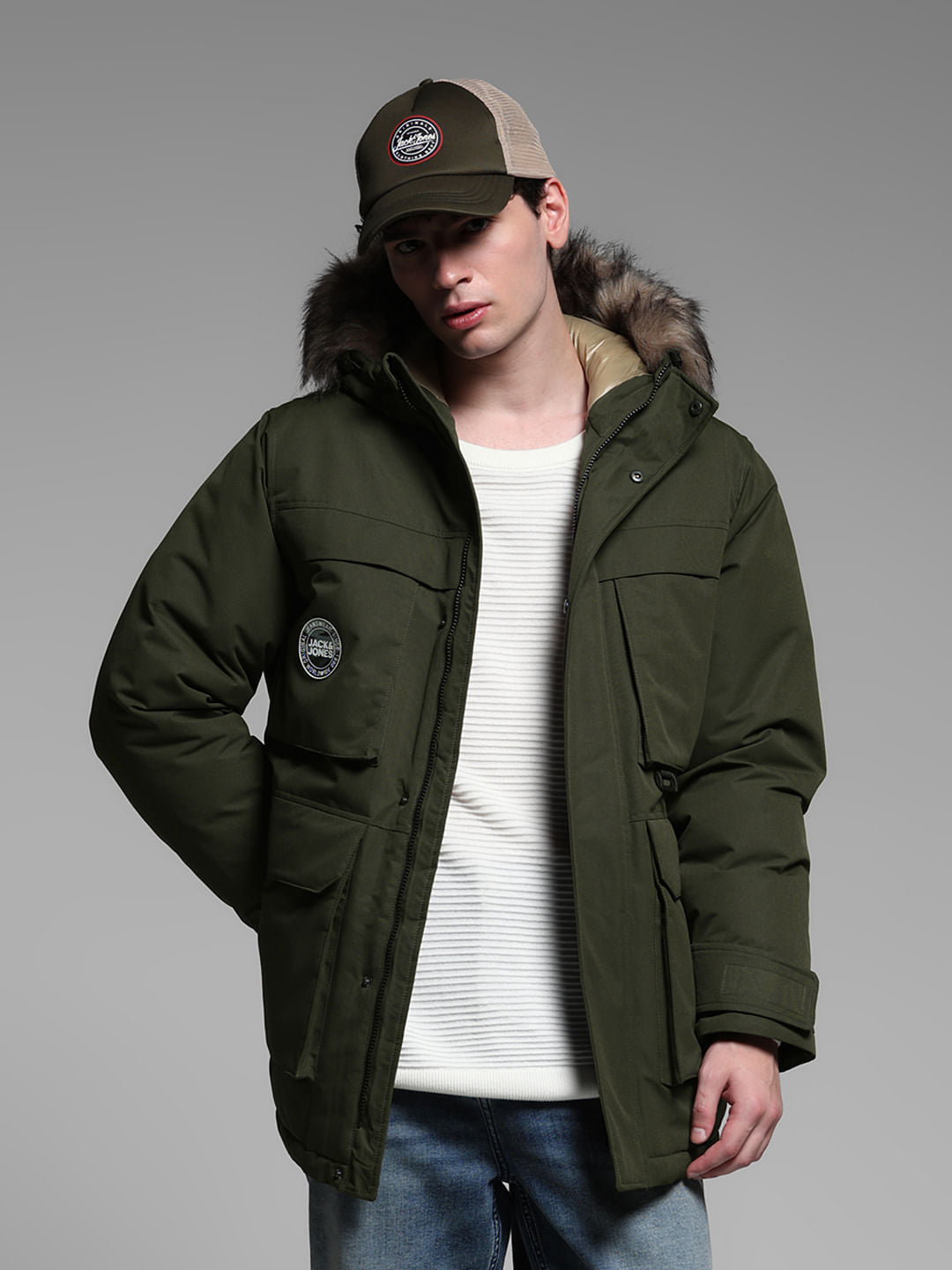 GREEN FUR HOODED PARKA JACKET