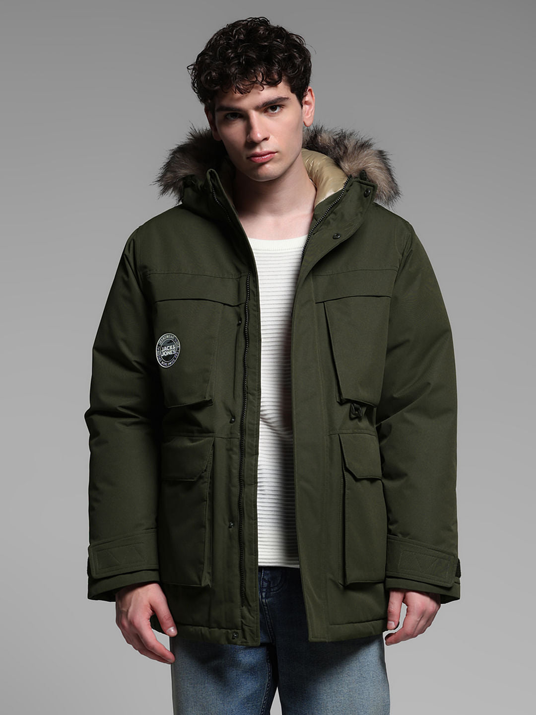 GREEN FUR HOODED PARKA JACKET
