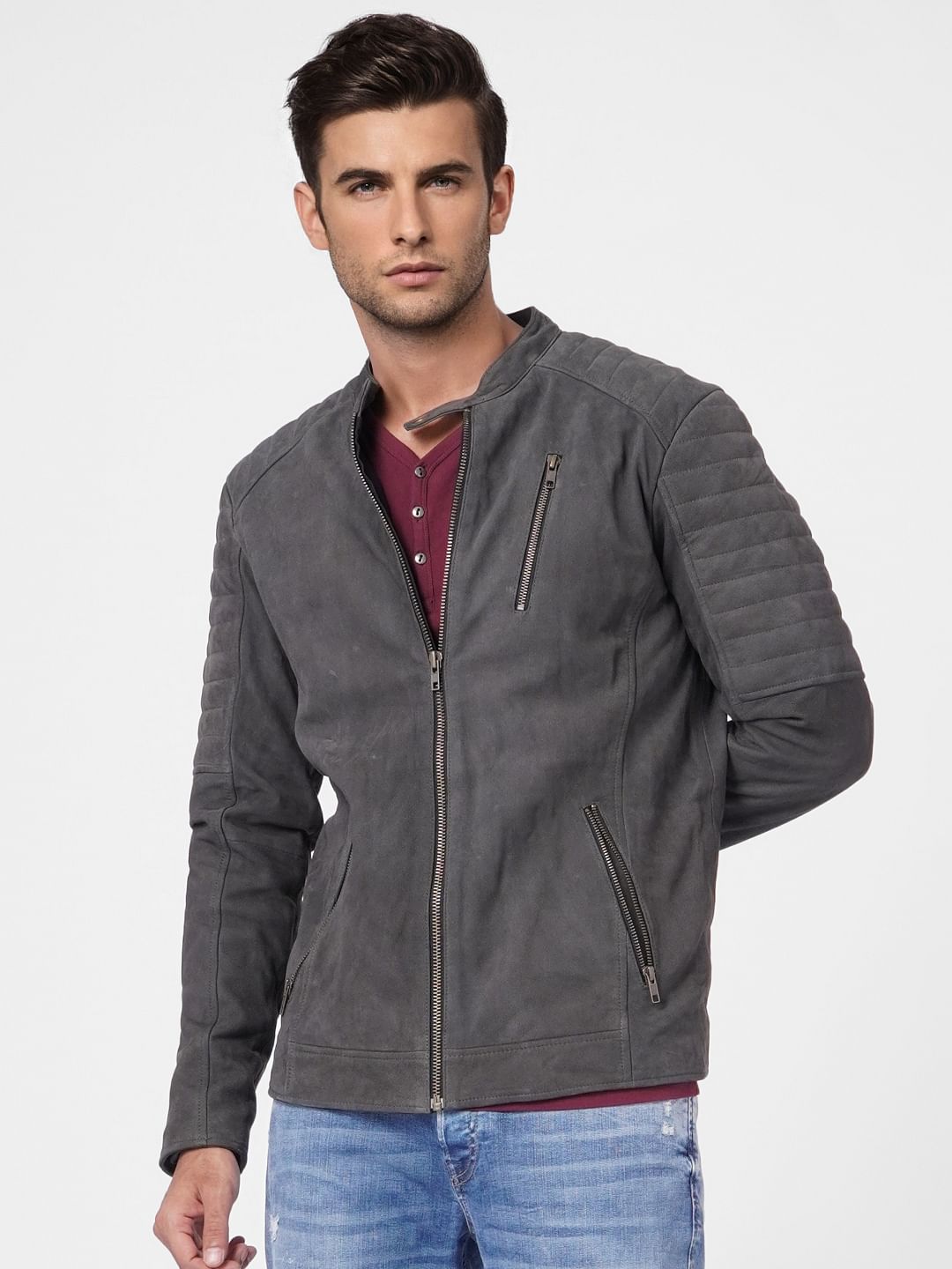 Grey Suede Leather Jacket