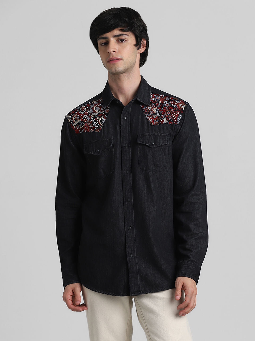 JACK&JONES X KUTCH BLACK EMBROIDERED PATCH DENIM SHIRT