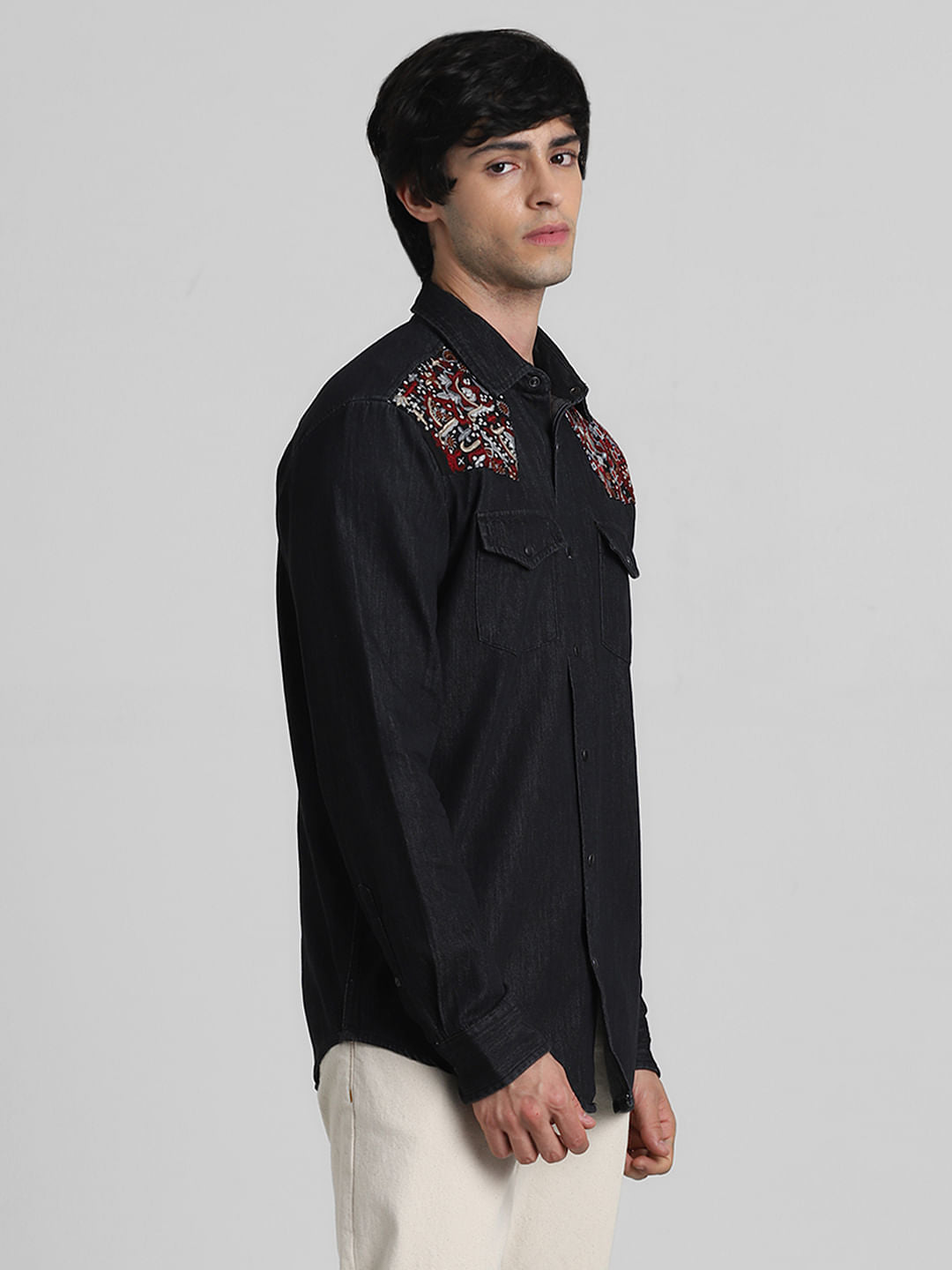 JACK&JONES X KUTCH BLACK EMBROIDERED PATCH DENIM SHIRT