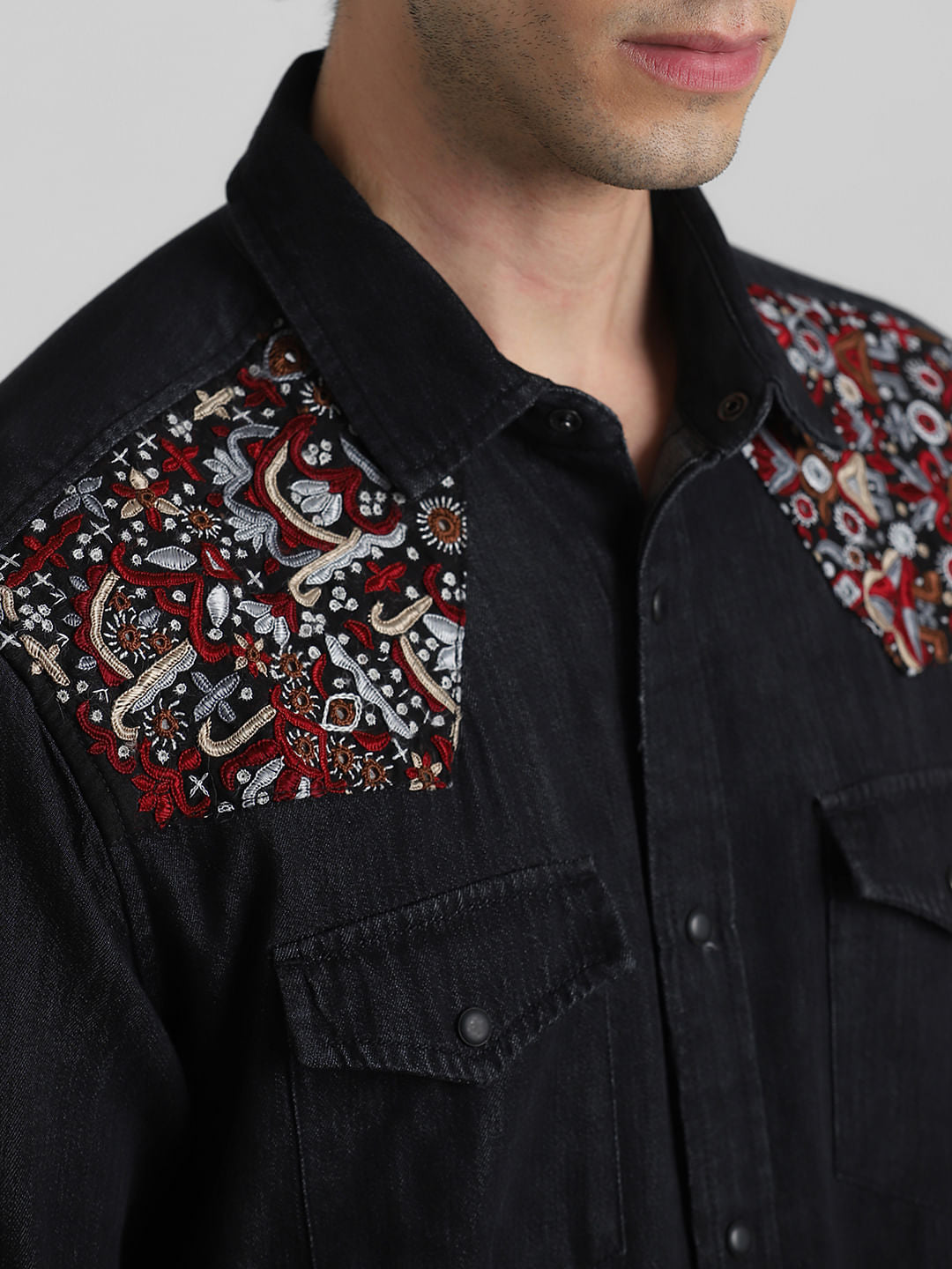 JACK&JONES X KUTCH BLACK EMBROIDERED PATCH DENIM SHIRT