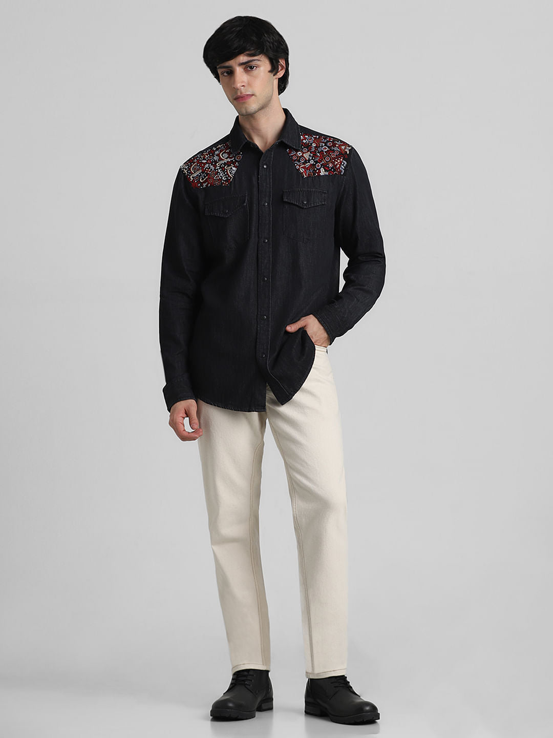 JACK&JONES X KUTCH BLACK EMBROIDERED PATCH DENIM SHIRT